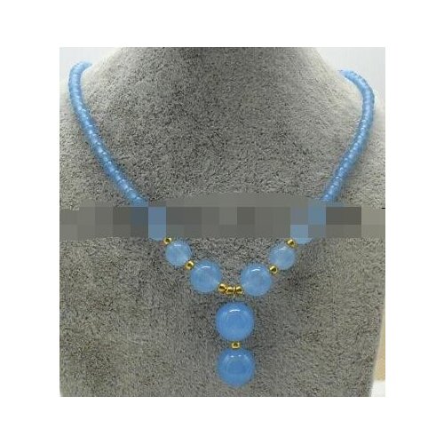 6mm+12mm South African Blue Aquamarine Gemstone Beads Pendants Necklace 18'' AAA