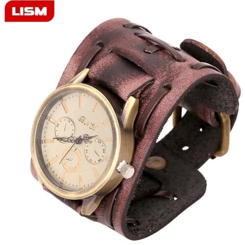 Trendy Style Punk Watch Men Women Fashion Wide Leather Bracelet Wrist Watches Ladies Retro Design Gold Dial Quartz Watch