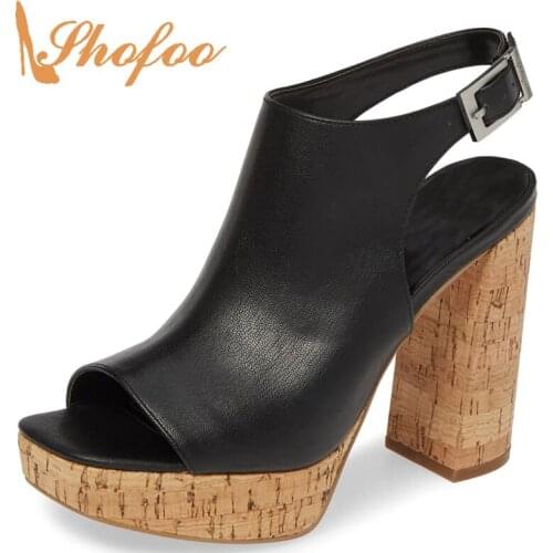 Black Cork High Chunky Heels Platform Sandals Woman Open Toe Buckle Strap Large Size 11 15 Ladies Shoe Mature Fashion Shofoo