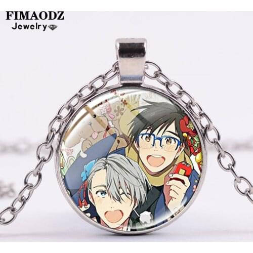 FIMAODZ Anime Yuri On Ice Necklace Nikiforov Yuri Katsuki Cosplay Figure Glass Cabochon Pendant Necklaces for Men Women Gift