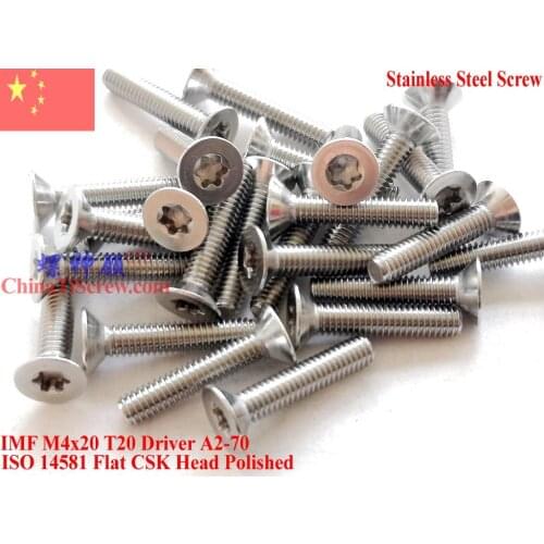 ISO 14581 Stainless Steel screws M4x20 Torx T20 Driver Flat CSK Head A2-70 Polished ROHS 100 pcs