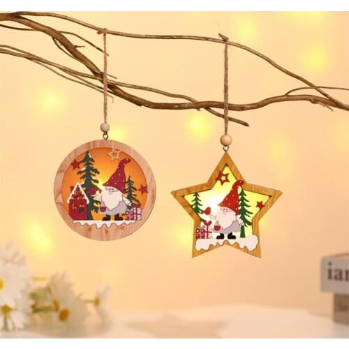 Wear-resistant Hanging Ornament Delicate Wood LED Round Five-Pointed Star Luminous Christmas Pendant for Daily Use