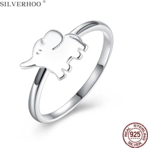 SILVERHOO Genuine 925 Sterling Silver Rings For Women Simple Cute Elephant Finger Ring Fine Jewelry Romantic Anniversary Gift
