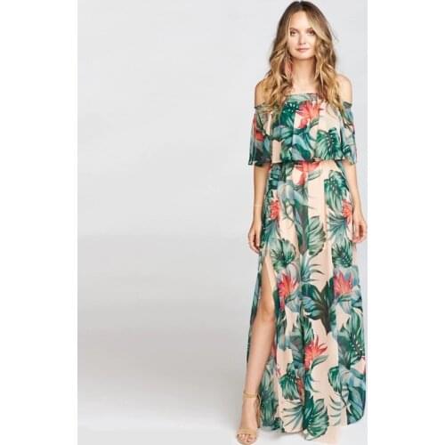 Summer Floral Strapless Maxi Holiday Casual Split Print Long Beach Dress Sexy Perspective Sleeveless Chiffon Ruffle Beach Dress