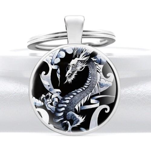 Fashion Japanese Dragon Design Glass Cabochon Metal Key Chain Charm Men Women Key Ring Jewelry Gifts Keychains