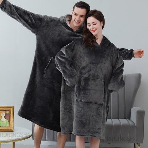 Men Winter Hooded Thick Flannel Sleep Tops Warm TV Hoodie Plus Size Bathrobe Coral Fleece Sleepwear for Women Homewear Nightgown