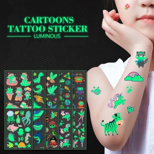 30pcs Set of Luminous Tattoo Stickers Cartoon Animals Unicorn Temporary Art Stickers Baby With Body Kids Toy Gift for Children