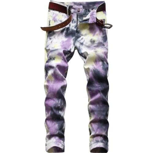 New Mens Male Fashion Casual Tie and Dye Stretch Denim Jeans Trendy Fancy Colored Purple Printed Pants Trousers