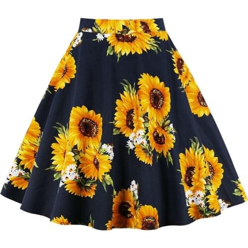 Summer Sunflower Print Vintage Bubble Skirts Plus Size 4XL 2020 Floral Skater Swing Zipper Women Pleated Retro Rockabilly Skirt