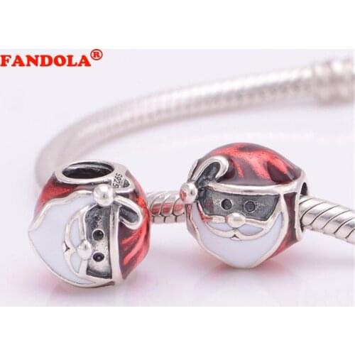 Fits Pandora Charms Bracelets 100% Sterling Silver Jewelry Jolly Santa Beads with White and Red Enamel Free Shipping