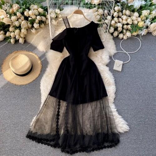 Womens Spring Summer Runway Fashion One Shoulder Black Mesh Dress Female High Waist ChicTravel Party Dress TB1937
