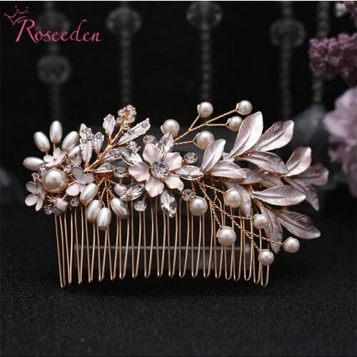 Handmade Gold Color Flower Bridal Hair Comb Pearl Rhinestone Women Bride Wedding Hair Accessories RE4261