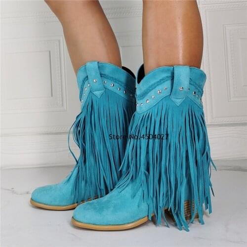 Fashion Ankle Boots for Women Autumn Studded Round Toe Tassel Low-heeled Shoes Fringed Western Cowboy Boots