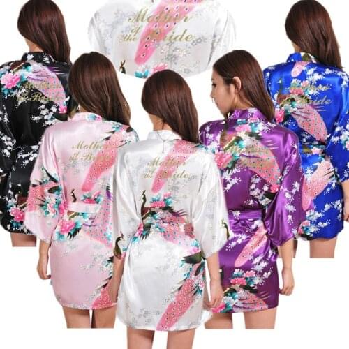 Wholesale Mother of the Bride Gold Glitter Peacock Women Kimono Robe Satin Short Bathrobe Dressing Gowns for Wedding Party T18