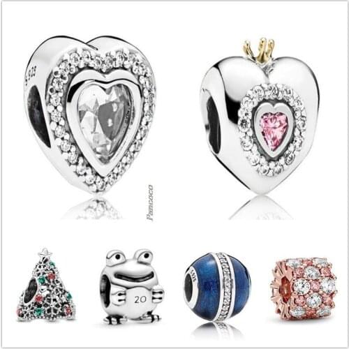 Authentic 925 Sterling Silver Princess Heart With Pink Crystal Beads Fit Women Pandora Bracelet & Necklace Jewelry