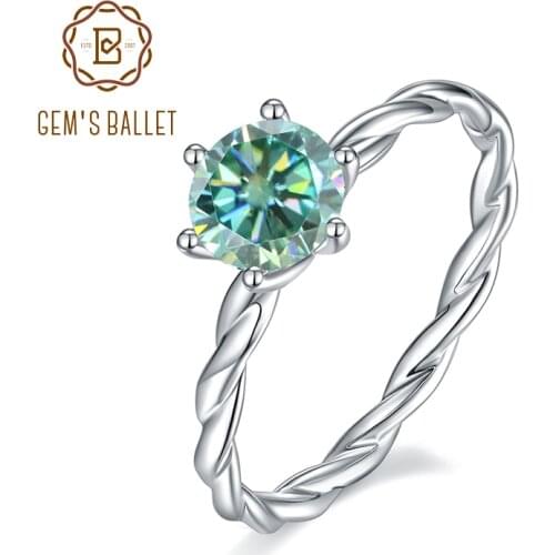 GEMS BALLET 1Ct Green Moissanite Ring Women 925 Sterling Silver Round Woven Band Solitaire Moissanite Engagement Rings