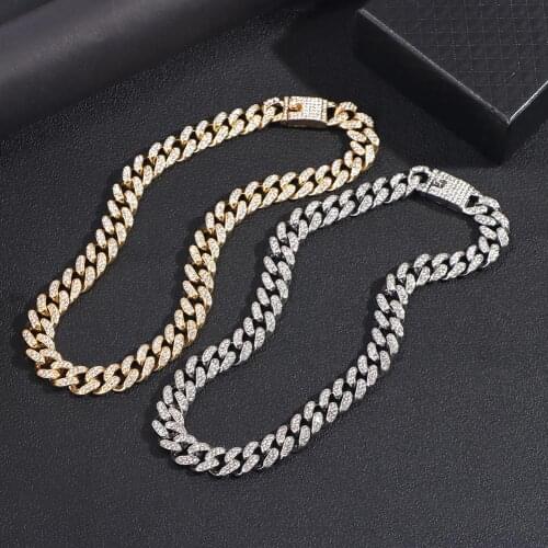 Flatfoosie Miami Curb Cuban Chain Necklace For Women Men Gold Silver Color Iced Out Paved Rhinestones Rapper Necklace Jewelry