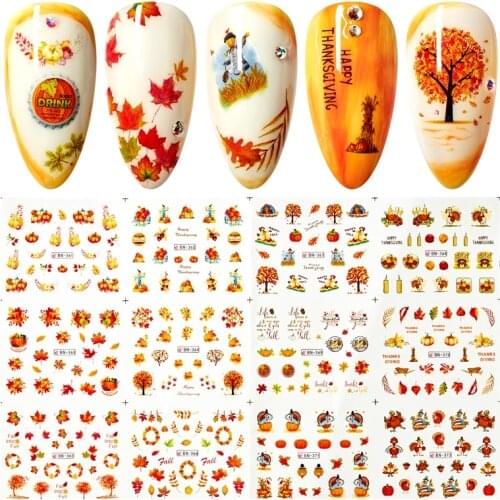 1pcs Fall Leaves Nail Art Stickers Gold Yellow Maple Leaf Water Decals Sliders Foil Autumn Design For Nail Manicure