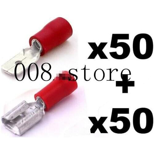 100PCS Red Semi Insulated Spade Electrical Crimp Connectors- Mixed Male & Female FDD+MDD