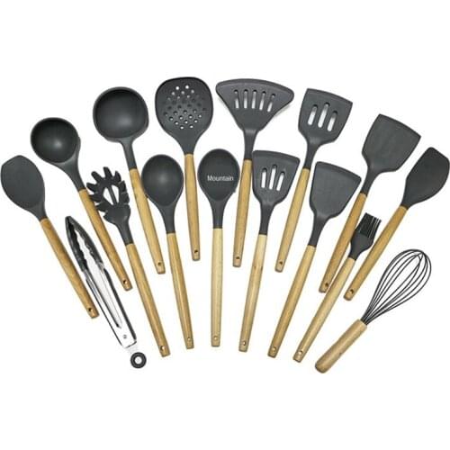 16 Pcs Silicone Kitchen Set Cooking Tools Utensil Set Spatula Shovel Soup Spoon with Wooden Handle Special Heat-resistant Design