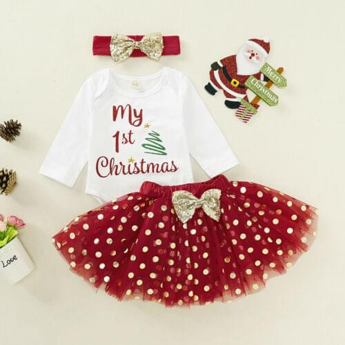2021 HotNewborn Baby Girl Clothes My 1st Christmas Print Long Sleeve Romper Tops Sequin Tulle Mini Skirt Headband 3Pcs Outfits