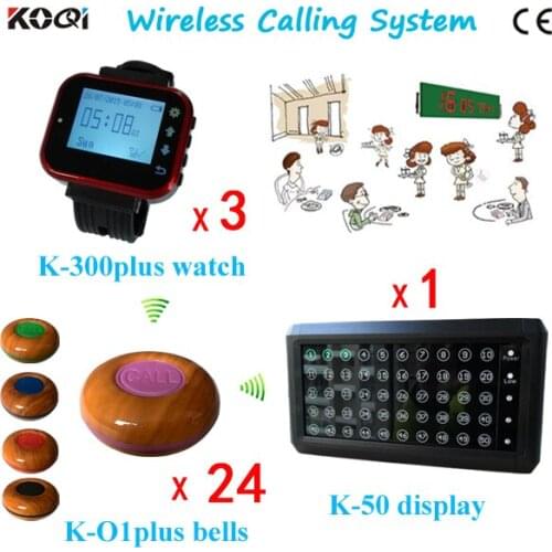 Wireless Service Calling System with LED Display Receiver K-50 Transmitter Bell Button K-O1plus Pager Watch K-300plus