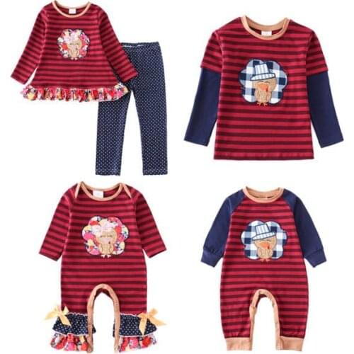 Girlymax Thanksgiving Baby Girls Boys Turkey Wine Stripe T-shirt Romper Toddler Pants Set Cotton Family Look Kids Clothing