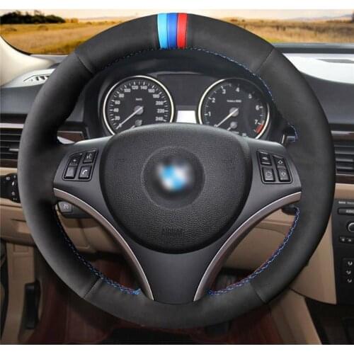 For BMW E90 320i 120d 325i stripe Black Suede Leather Car Steering Wheel Cover Anti-slip fit all season