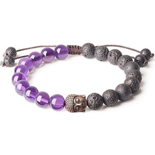 FYJS Unique Copper Plated Buddha Head Handmade Weave Natural Purple Amethysts with 8 mm Black Lava Stone Beads Bracelet