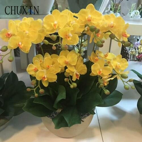 12 Heads Real Touch PU Butterfly Orchid With Leaf Artificial Flower Bouquet Home Hotel Decoration Store Decor Fake Flowers