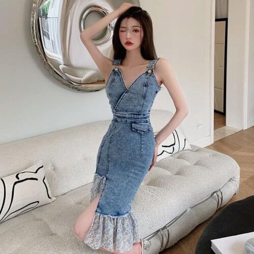 Chinas new female skirt temperament fashion floral fabric splicing slim mid - long slit jean strap skirt
