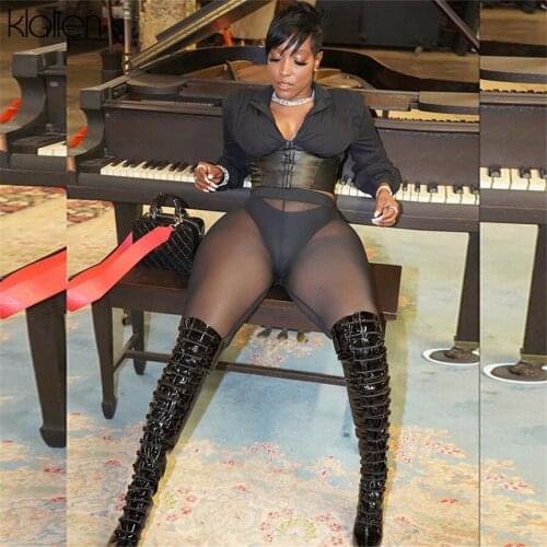 KLALIEN Fashion Casual Solid Black PU Leather Patchwork Slim Skinny Y2K T Shirt For Women Autumn New Street Club Activewear