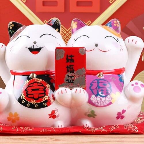 Couple Cat Lucky Cat Decoration Creative Ceramic Statue Lucky Cat Piggy Bank Fortune Cat Piggy Bank Feng Shui Statuette Wedding