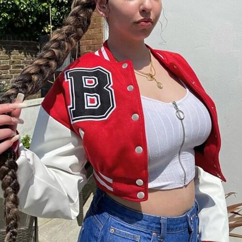 FSDA 2021 Patchwork Crop Jacket Varsity Women Autumn Winter Casual Oversized Y2k Fashion Baseball Coat