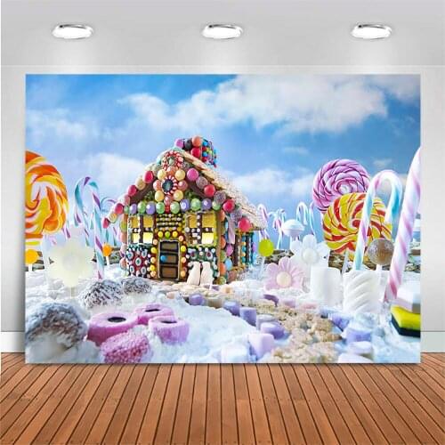 Mocsicka Winter Candyland Candy House Birthday Party Backdrop for Photography Snow Scene Sky Newborn Baby Shower Photo Backdrops