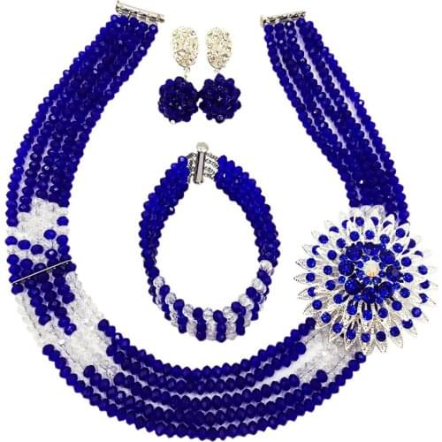 Fashion Royal Blue Clear AB Multi Strands Nigerian Wedding Necklace Costume African Beads Jewelry Set for Women 5L-YH16