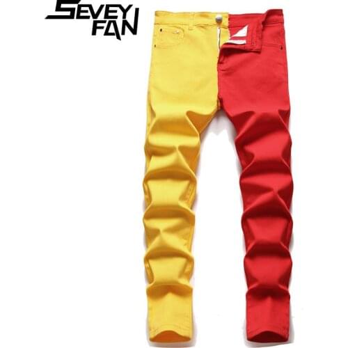 SEVEYFAN Mens Color Contrast Patchwork Jeans Elastic Skinny Pencil Denim Pants Streetwear Jean Joggers for Male