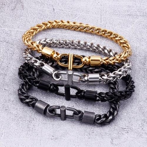 Men boy Gift 6mm 8.5'' Golden black silver-color fashion stainless steel Figaro chain bracelet Bangle