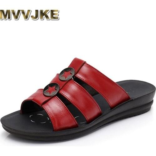 MVVJKE 2018 Women Summer Slippers Genuine Leather women wedges sandals slip-on round toe summer shoes woman comfortable sandals