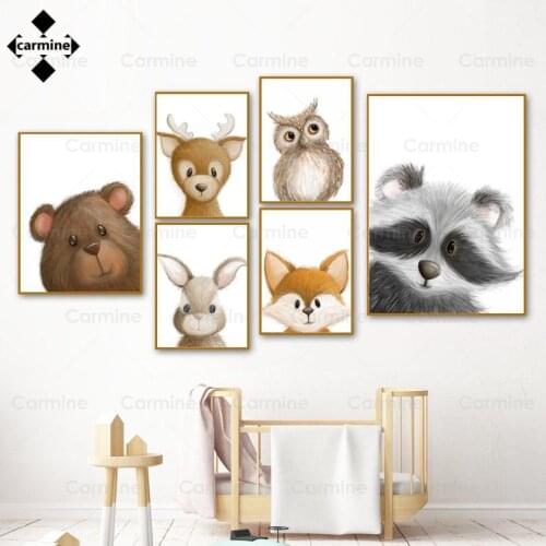 Nursery Wall Art Decor Fox Rabbit Owl Bear Deer Raccoon Canvas Painting Nordic Art Picture Print Poster for Baby Kids Room Decor