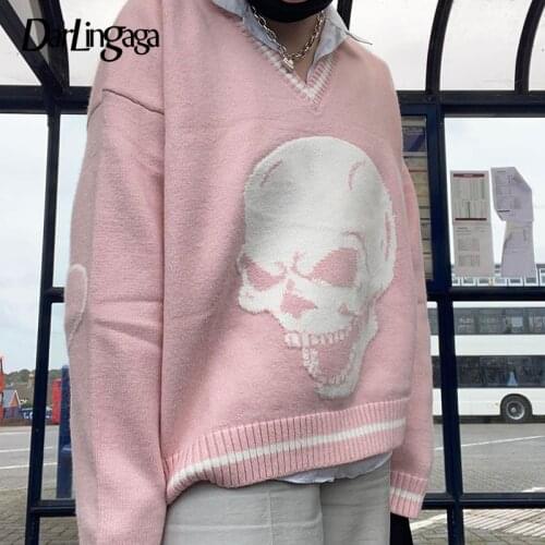 Darlingaga Gothic Skull Print Autumn Winter Woman Sweaters Fashion Loose Y2K Pullover Harajuku Knitted Sweater Ladies Pull Femme