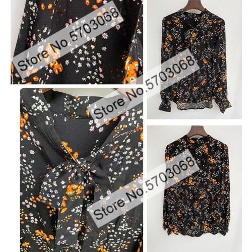 Women High-end Long Sleeve Floral Printing Ribbon Ties Blouse Shirt