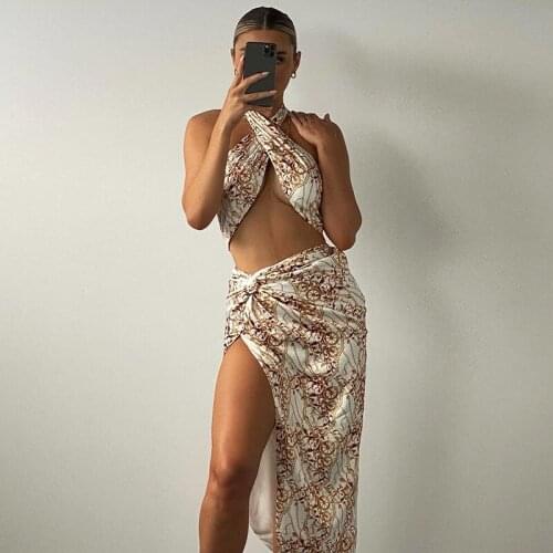 Yozihis Print Long Skirt Women Sexy Chic Side Split Twist Asymmetrical Maxi Skirt Ladies Casual Streetwear Summer Party Outfits