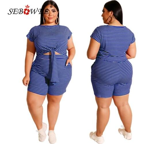 SEBOWEL Large Size Women Striped Fashion Casual Two-piece Summer Suit Plus Size Tie Up Top + Shorts Outfits Clothes Sets XL-5XL