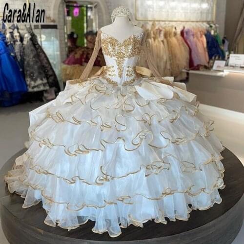 White Quinceanera Dresses Ruffles Skirt Organza Sweet 16 Dress Beaded vestidos de 15 Ball Gown Prom Gowns Long Sleeves
