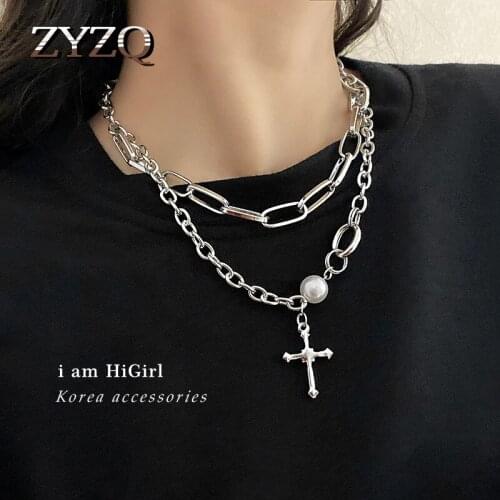 ZYZQ Punk Fashion Double Layer Imitation Pearl Necklace For Women Retro Cross Pendant Necklace Street Hip Hop Jewelry