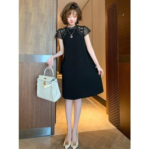 Top Quality Stand up collar stitched lace sleeve sexy slightly transparent solid simple dress summer new