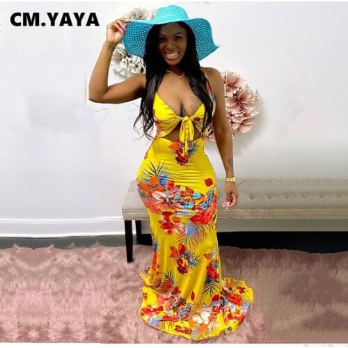 CM.YAYA Women Dress Print Spaghetti Strap V-neck Bandage Hollow Out Sheath Elastic Long Dresses Sexy Night Party Dress Summer