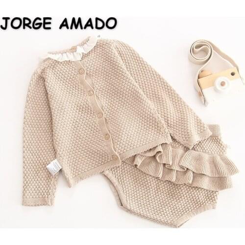 2021 Hot Sale New Autumn Baby Girls 2-pcs Sets Pink Beige Open Stitch Sweater Coat + Ruffles Wool Shorts Children Outfits E8304