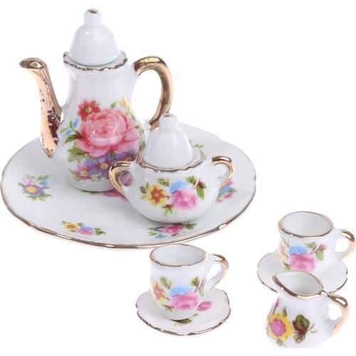 5/8Pcs/set 1:12 Kitchen Flower Pattern Porcelain Dish Pot Tray Cups Teapot Dollhouse Miniature Mini Cute Coffee Tea Set